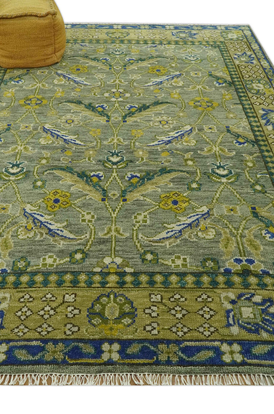 Custom Made Hand Knotted Olive, Green And Blue Traditional Floral Wool Area Rug