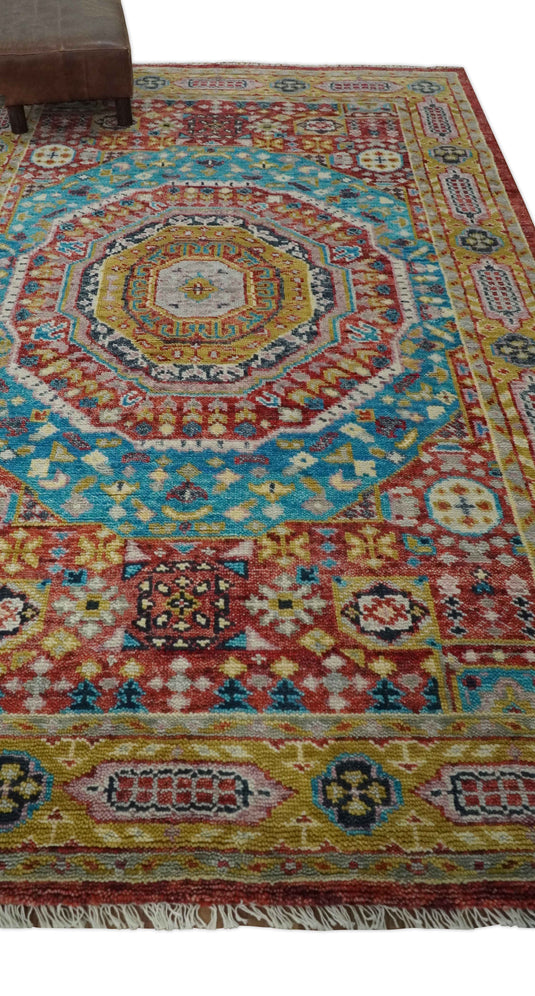 Traditional Persian Colorful Hand knotted Light Blue, Mustard and Red 6x9 ft Bedroom, Living Room Rug ,wool Area Rug