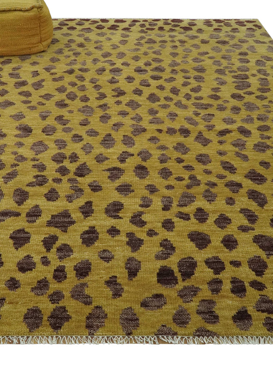 Custom Made Hand Knotted Leopard Design Mustard And Brown Wool Area Rug