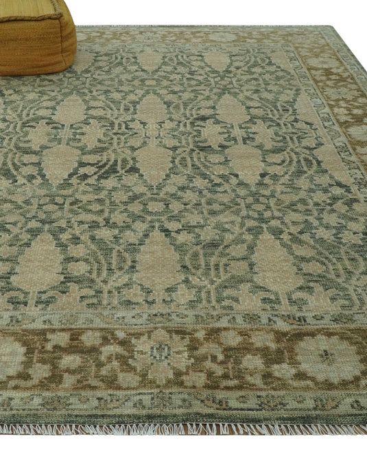 Custom Made Antique Traditional Hand Knotted Green, Brown And Beige Wool Area Rug