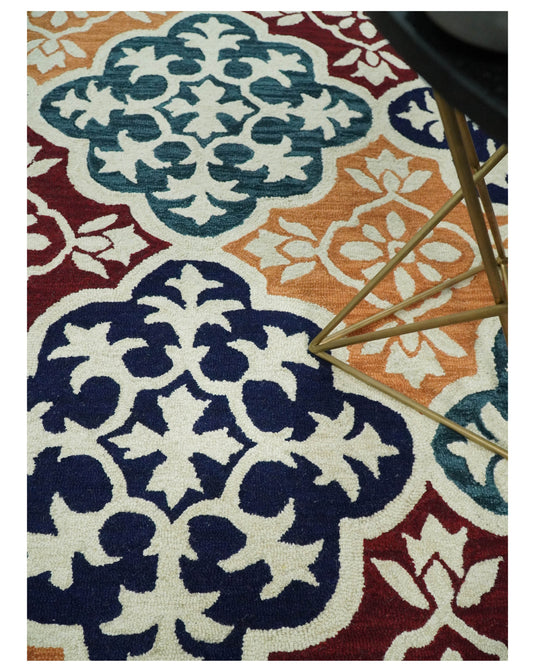 Custom Made Ivory, Maroon, Blue, Teal And Yellow Moroccan Hand Tufted Wool Area Rug