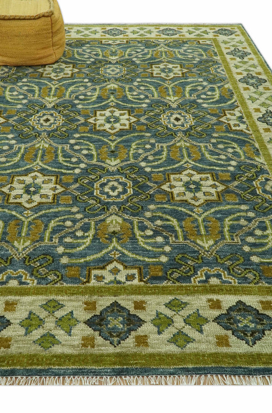 Custom Made Traditional Motifs Blue And Olive Hand Knotted Wool Area Rug