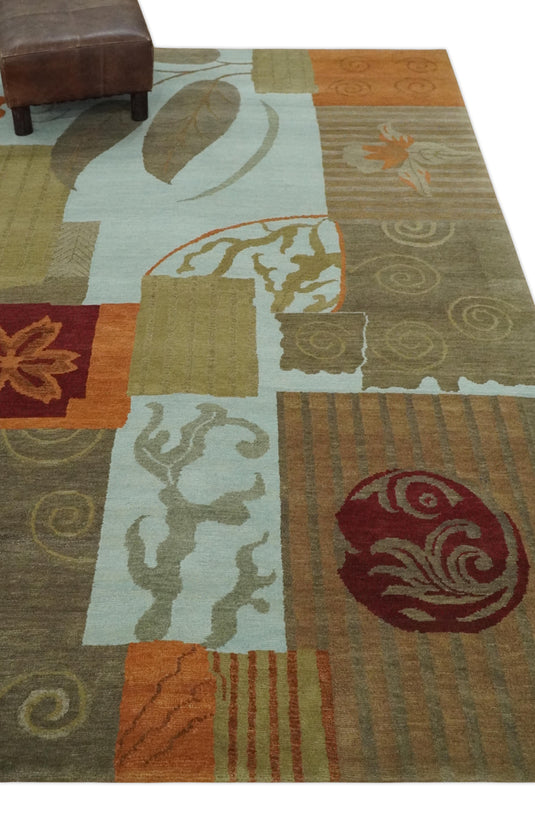 Traditional Leaf Block Print Handloom Green, Aqua and Olive 5x8 ft Bedroom, Living Room Rug , Wool  Area Rug AAOC858