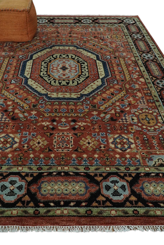 Hand Knotted Medallion Mamluk Rug Rust and Black Multi Size Ideal for Living, Bedroom, and Dining Rooms | CP103