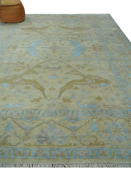 Traditional Vintage Oushak Hand knotted Beige and Blue 9x12 wool Area Rug