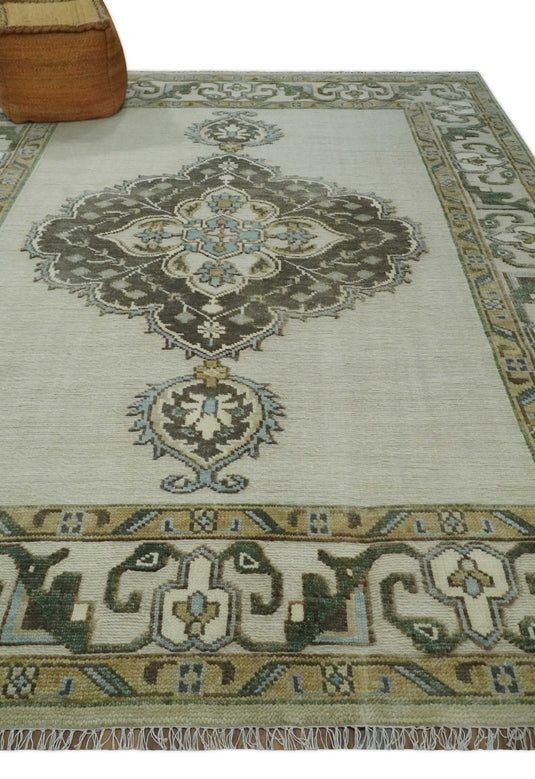 Traditional Persian Oushak Hand Knotted Beige,Charcoal and Gold Multi Size Ideal for Living, Bedroom, and Dining Room