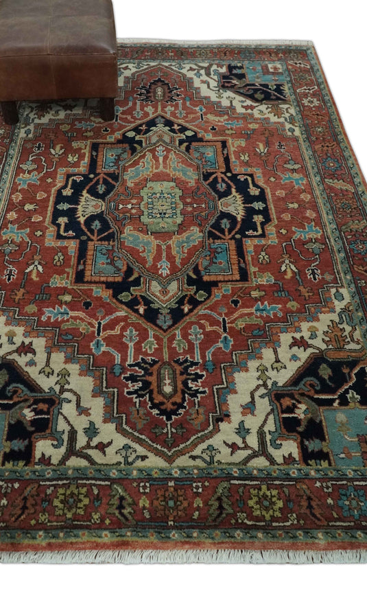 Persian Hand knotted Rust, Charcoal and Ivory 2x3, 3x5 and 4x6 Heriz Serapi  wool Area Rug
