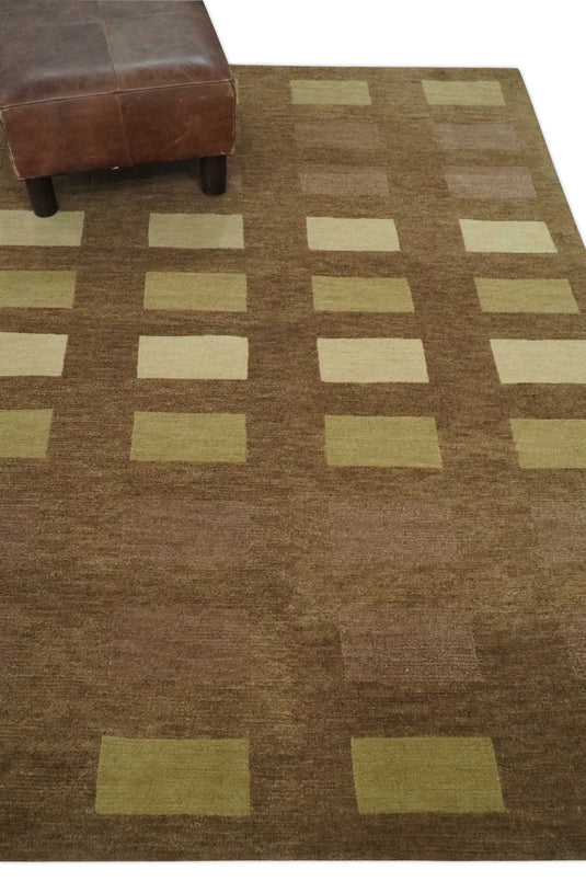 Modern Geometrical Pattern Handloom Brown, Beige and Olive 4x6 ft Bedroom, Living Room Rug , Wool  Area Rug AAOC746