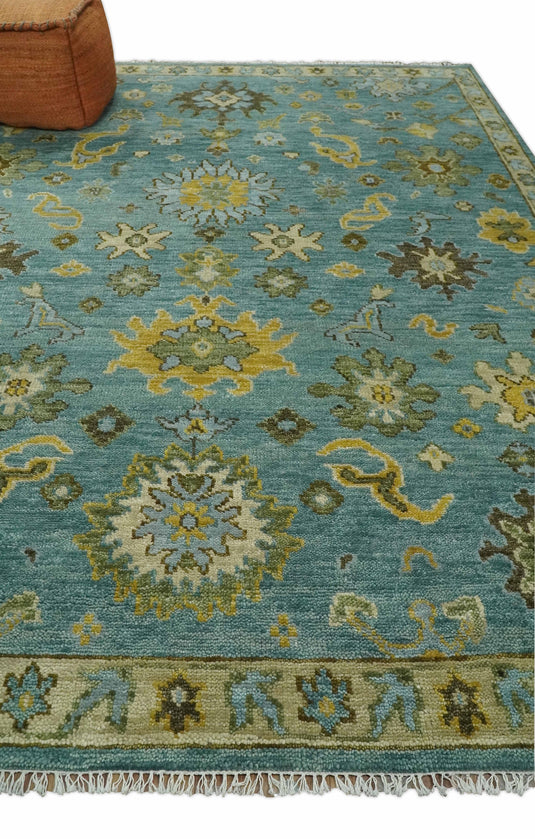 Blue and Moss Green Vintage Persian Hand Knotted, Antique Oushak 5x8, 6x9, 8x10, 9x12, 10x14, 12x15 Wool Rug, Living Room | CP815S