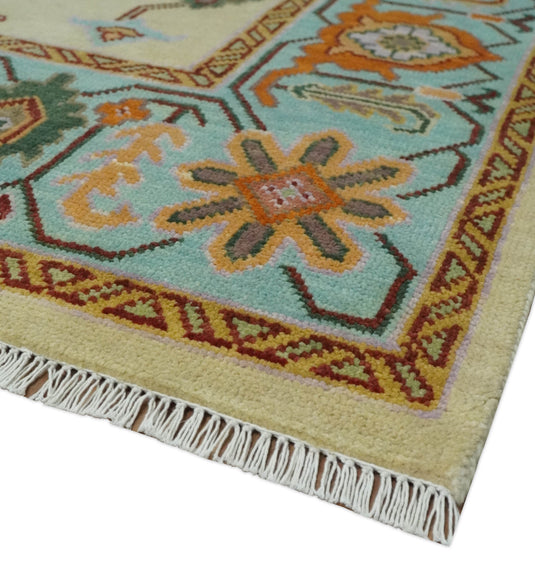 Traditional Oriental Colorful Oushak Hand knotted Beige and Aqua 9x12 ft Bedroom, Living Room Rug ,wool Area Rug