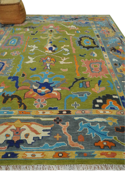 Hand Knotted Oriental Vibrant Colorful Oushak Rug Green and Grey Multi Size Ideal for Living, Bedroom, and Dining Room