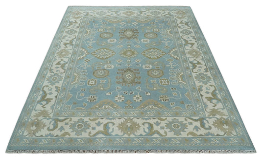 Traditional Persian Oushak Hand knotted Aqua, Ivory and Olive 8x10 wool Area Rug