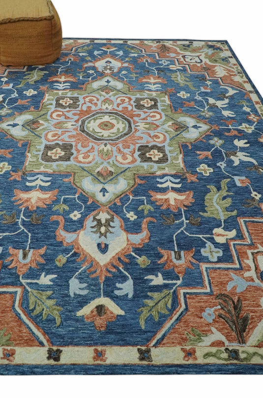 Custom Made Medallion Blue, Rust, Olive And Ivory Hand Tufted Wool Area Rug