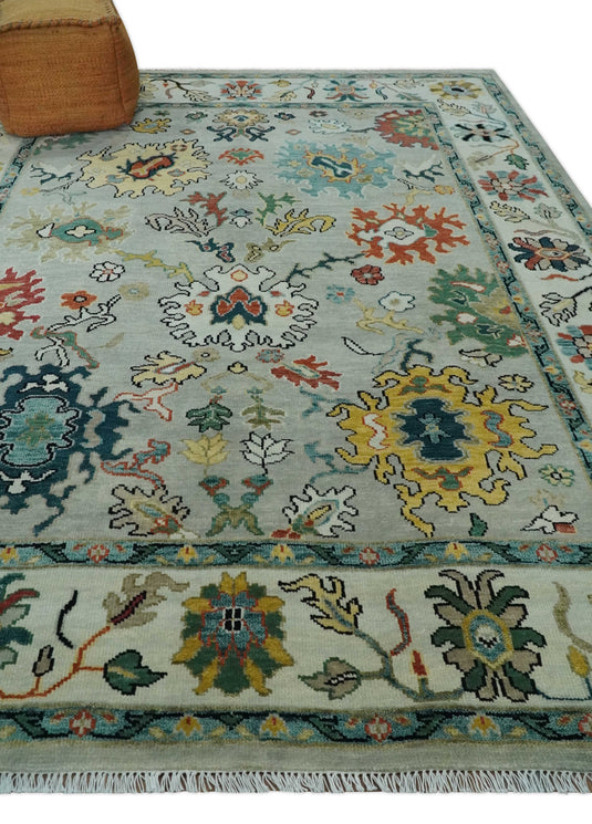 Hand Knotted Oriental Colorful Oushak Rug Silver and Ivory Multi Size Ideal for Living, Bedroom, and Dining Room