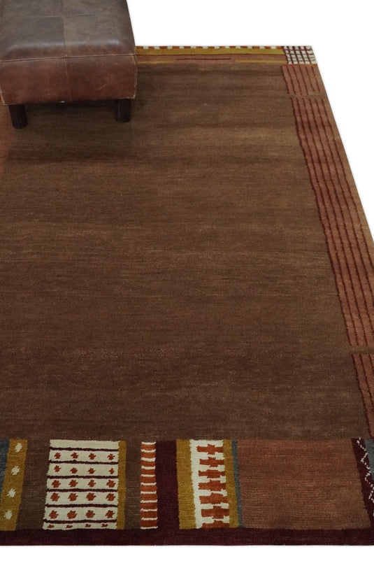 Modern Geometrical Pattern Handloom Brown and Rust 4x6 ft Bedroom, Living Room Rug , Wool, Art Silk  Area Rug AAOC946