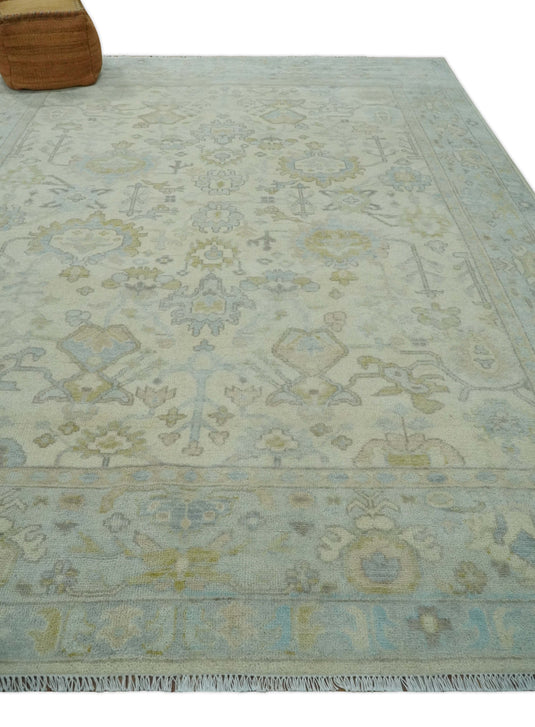 Antique Look Hand Knotted Oushak Rug Beige and Grey 9x12 ft Ideal for Living, Bedroom, and Dining Rooms