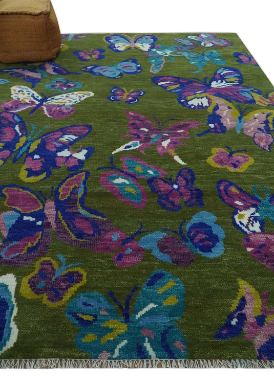 Traditional Vibrant Colorful Hand Knotted Butterfly Life Moss Green and Purple Multi Size Ideal for Living, Bedroom, and Dining Room