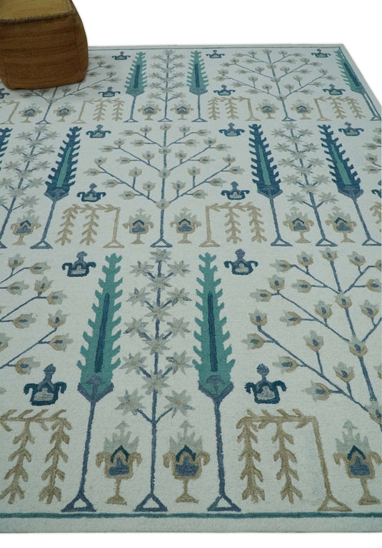 Custom Made Tree Of Life Ivory, Teal, Beige And Silver Hand Tufted Wool Area Rug