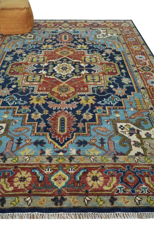 Hand Knotted Heriz Serapi Rug Blue, Rust and Aqua Multi Size Ideal for Living, Bedroom, and Dining Rooms | CP192