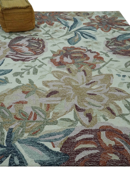 Hand Tufted Floral Green, Blue, Pink And Rust Rug 8x10 ft Ideal for Living, Bedroom And Dining Rooms