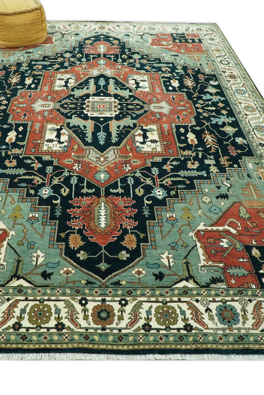 Hand Knotted Traditional Heriz Brown, Black, Blue And Ivory Serapi Wool Rug 9X12 ft Ideal for Living, Bedroom And Dining Rooms | CP2441912