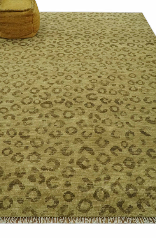 Custom Made Hand Knotted Brown And Tan Leopard Print Wool Area Rug