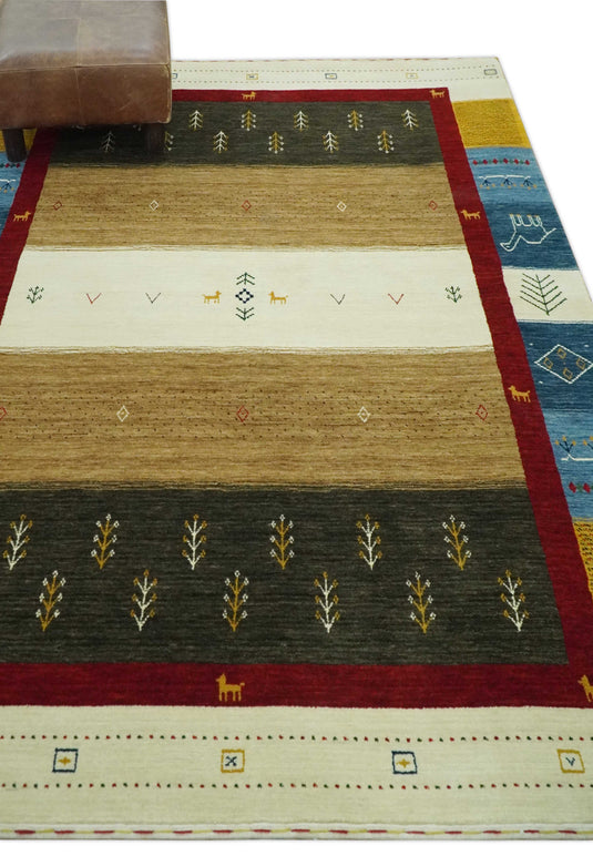 Custom Made Ivory, Brown, Blue And Maroon Lori Gabbeh Handloomed Wool Area Rug