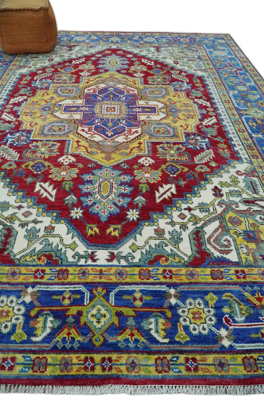 Multi Size Traditional Heriz Serapi Ivory, Gold and Electric Blue wool Area Rug