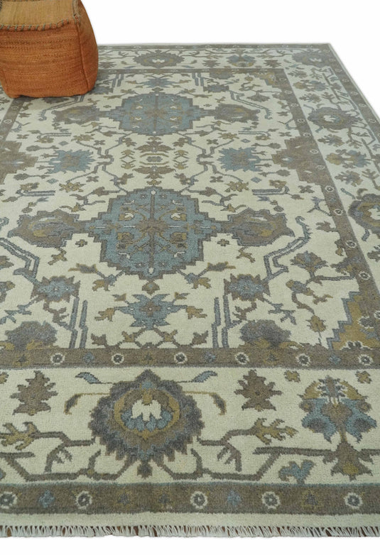 Traditional 8x10 Ivory and Brown Hand Knotted Oushak Wool Area Rug