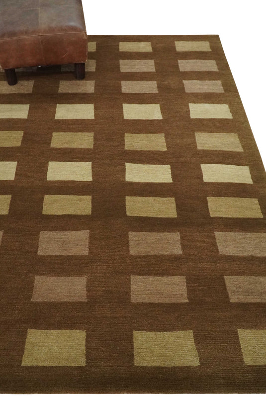 Modern Geometrical Pattern Hand Knotted Brown, Beige and Ivory 4x6 ft Bedroom, Living Room Rug Wool and Art Silk Area Rug