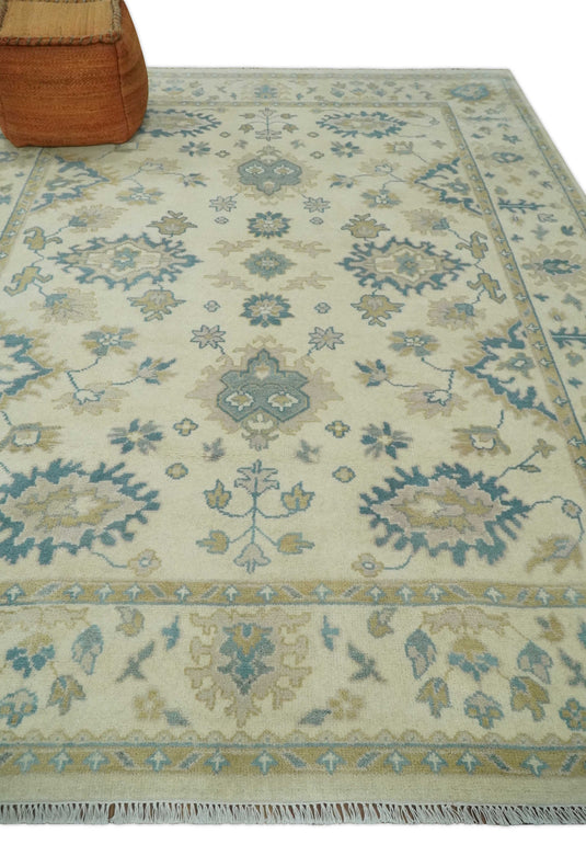 7.9x9.11 Beige and Gray Hand Knotted Oushak Wool Area Rug