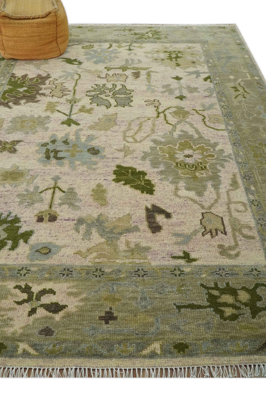 Custom Made Green, Cream, Brown And Beige Floral Oushak Hand Knotted Wool Area Rug