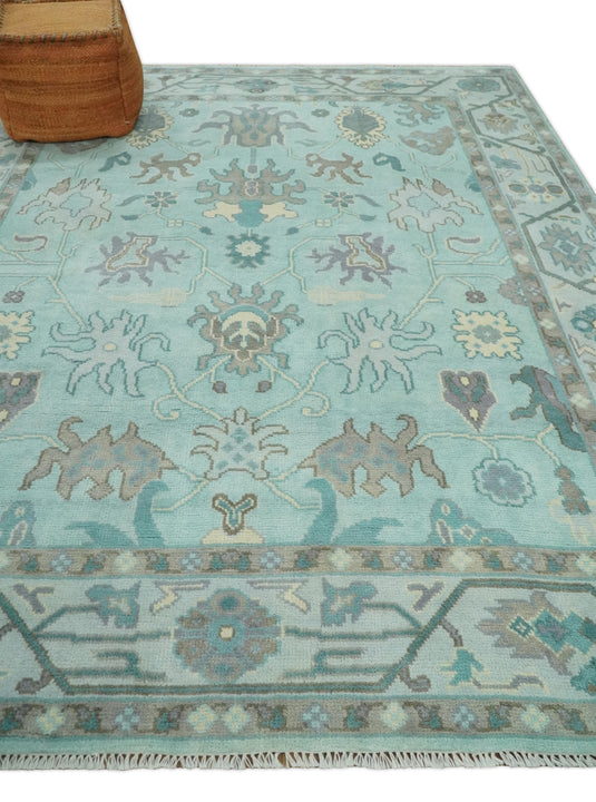 Oriental 8x10 Hand Knotted Aqua and Silver Oushak traditional Wool Area Rug