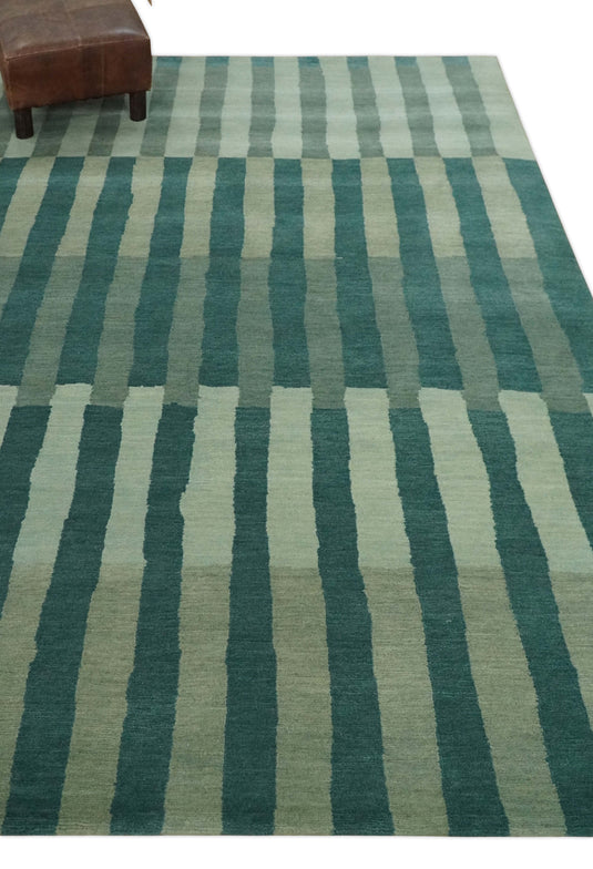 Modern Geometrical Pattern Hand Knotted Teal, Gray and Ivory 5x8 ft Bedroom, Living Room Rug Wool Area Rug