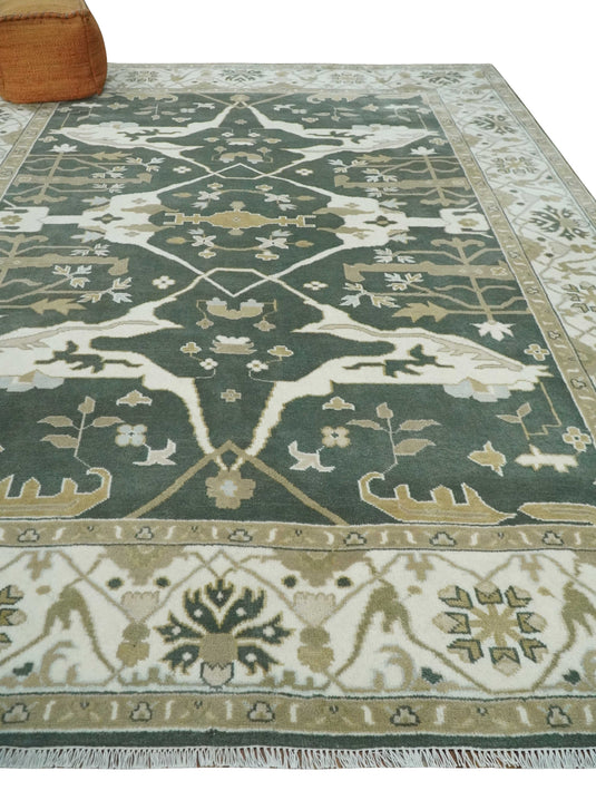 Hand Knotted Oriental Oushak Rug Green, Ivory and Beige Multi Size Ideal for Living, Bedroom, and Dining Room