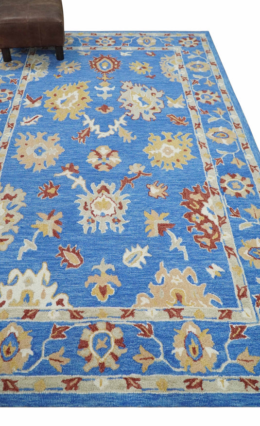 Custom Made Traditional Floral Blue, Camel And Maroon Hand Tufted  Wool Area Rug