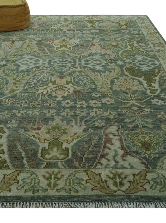 Custom Made Hand Knotted Gray And Green Traditional Oushak Wool Area Rug