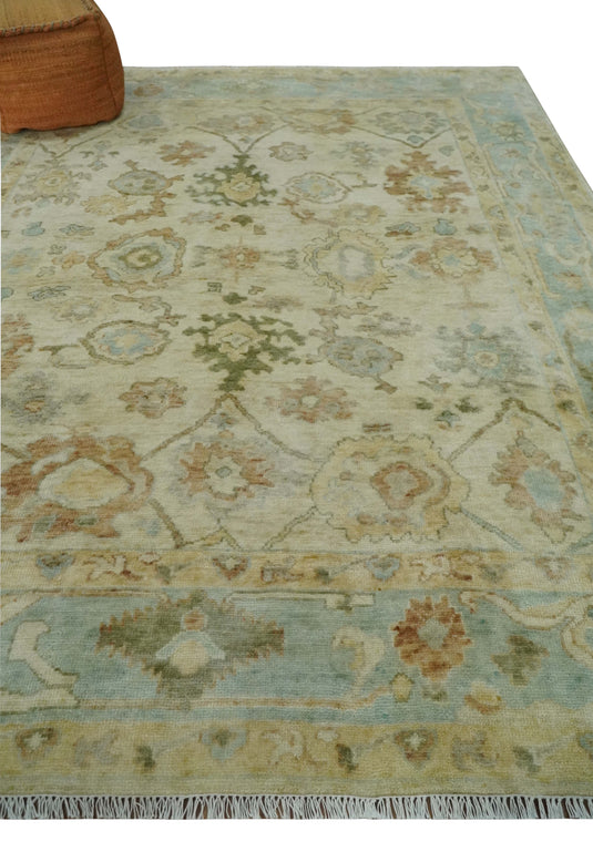 Hand Knotted Vintage Oushak Rug Beige and Blue Multi Size Ideal for Living, Bedroom, and Dining Rooms |