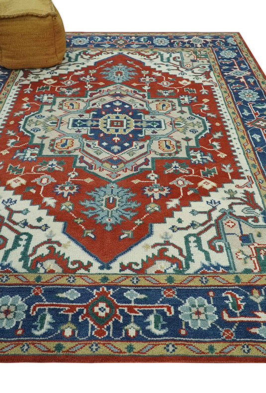 Custom Made Traditional Medallion Pattern Red, Blue and Ivory Hand Knotted wool Area Rug