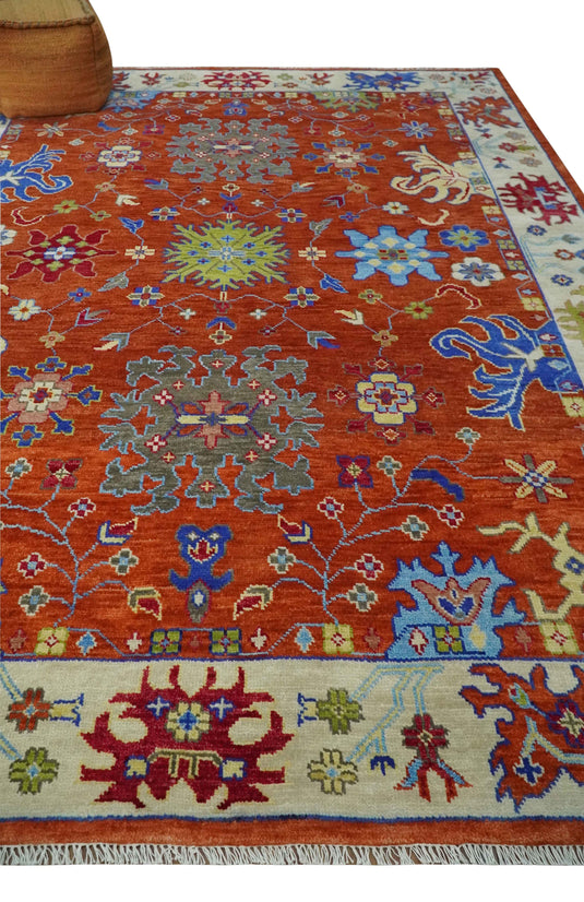 Hand Knotted Oriental Oushak Colorful Rug Rust and Ivory Multi Size Ideal for Living, Bedroom, and Dining Rooms |