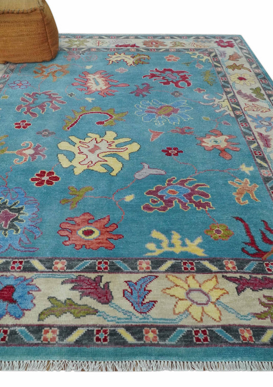 Hand Knotted Oriental Colorful Oushak Rug Blue and Beige Multi Size Ideal for Living, Bedroom, and Dining Room