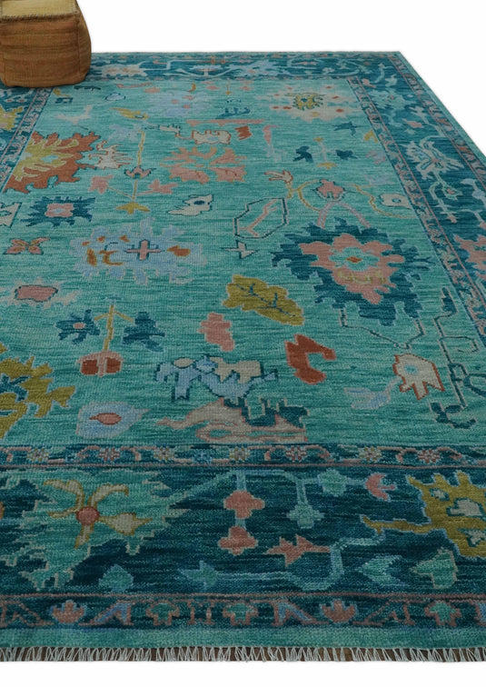 Traditional Oriental Colorful Oushak Hand knotted Green and Blue 9x12 ft Bedroom, Living Room Rug ,wool Area Rug