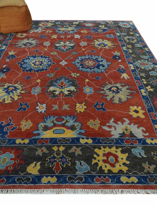 Hand Knotted Traditional Oushak Colorful Rug Rust, Blue and Charcoal Multi Size Ideal for Living, Bedroom, and Dining Rooms |CP1903