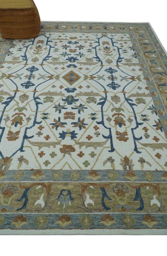 Custom Made Traditional Pattern Brown, Blue, Silver, And Ivory Hand Tufted Wool Area Rug