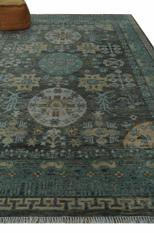 Hand Knotted Oushak Rug Charcoal, Aqua and Beige Multi Size Ideal for Living, Bedroom, and Dining Rooms |CP1713