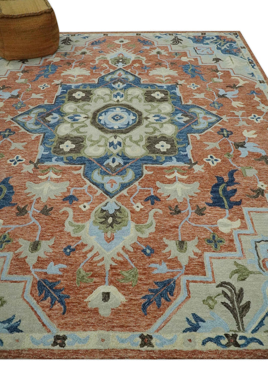 Custom Made Traditional Floral Beige, Blue, Green And Rust Hand Tufted Wool Area Rug