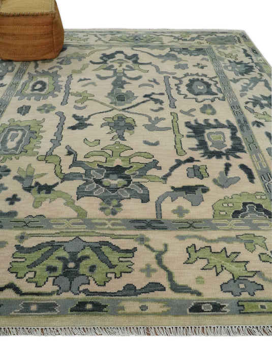 Hand Knotted Oriental Oushak Rug Camel, Charcoal and Green Multi Size Ideal for Living, Bedroom, and Dining Room