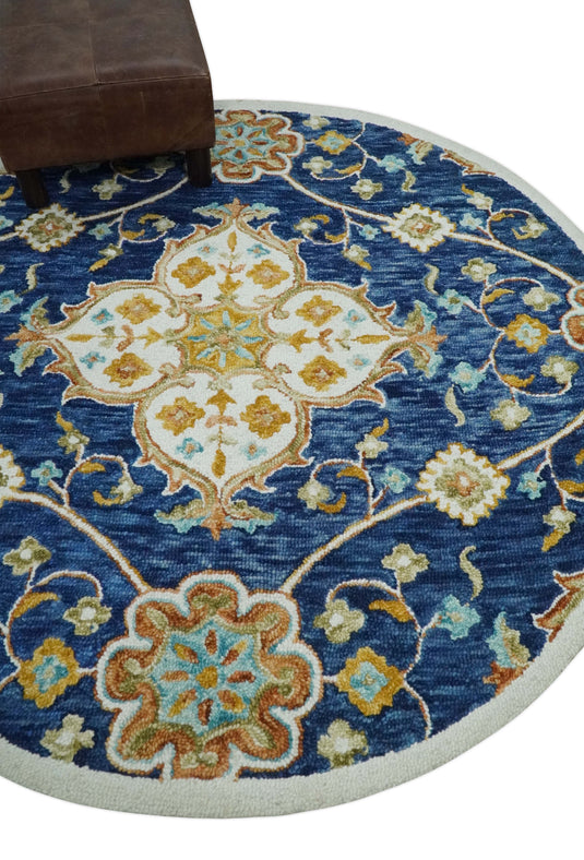 Custom Made Traditional Floral Blue, Gold, Rust, Ivory And Beige Hand Tufted  Wool Area Rug