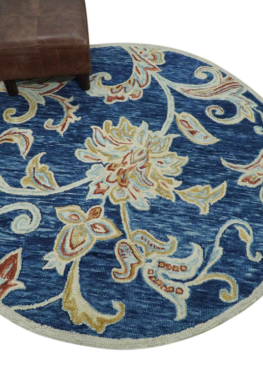 Custom Made Floral Blue, Beige, Rust And Olive Hand Tufted  Wool Area Rug