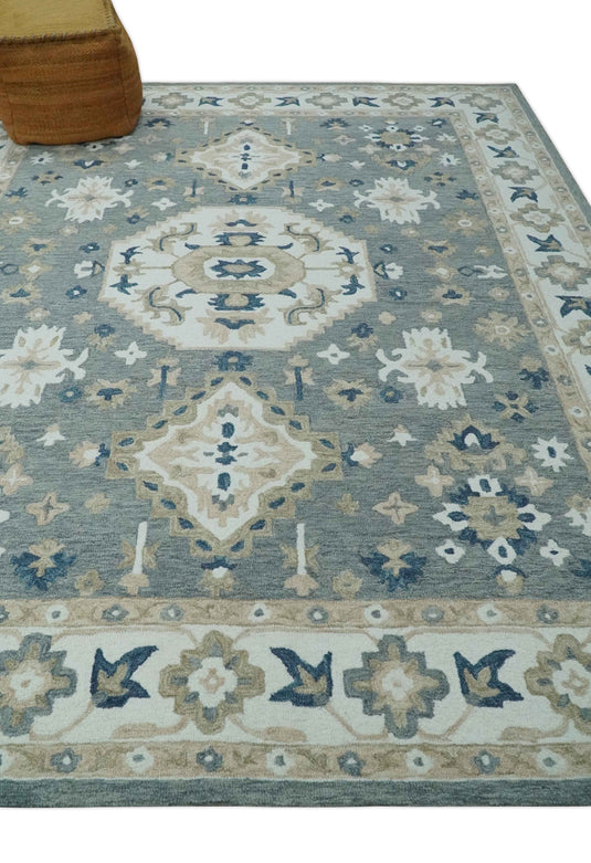 Custom Made Gray, Blue, Beige And Ivory Traditional Medallion Hand Tufted Wool Area Rug